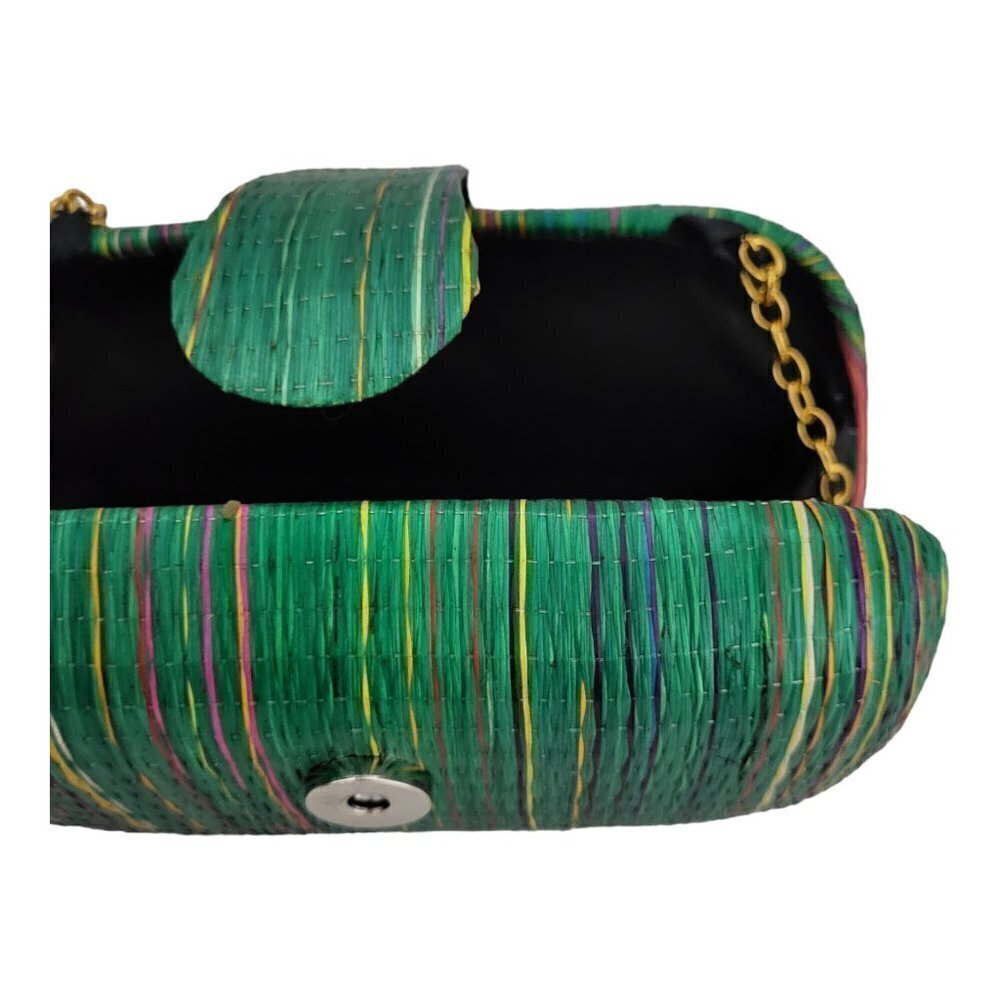 Green Raffia Shoulder Purse Gold Tone Chain Strap Striped With Snap Closure Bag - Picture 4 of 10